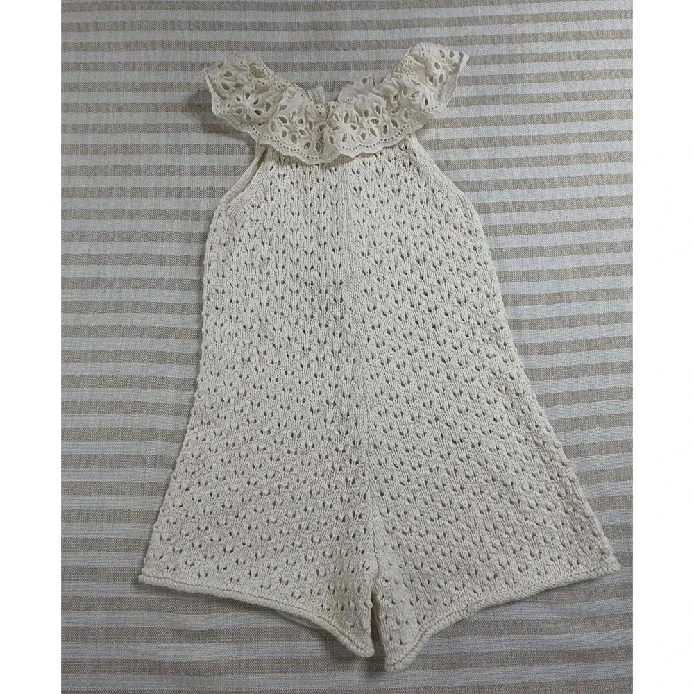Zara Kids Cream Pointelle Knit Romper Eyelet Lace Ruffle Collar Size 2-3 Years